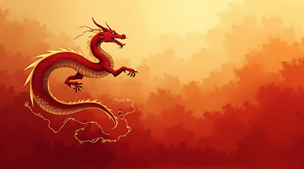 Obraz premium Noble dragon drifting across a refined golden and crimson gradient field, oil painting style, large negative space for copy, sleek elegant composition