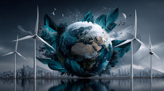3D Save the planet. Sustainable economic growth strategy, recourses reuse reduce co2 emission climate impact. ESG, green energy industry. Vector 3D illustration. Environmental protection, renewable
