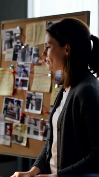 A Focused Investigator Analyzing Clues on a Pinboard, Connecting Images and Notes to Solve a Complex Mystery in a Dramatic Setting