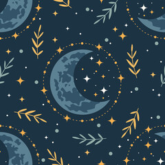 Boho vector pattern with crescents. Magic pattern for astrology, textiles, wrapping paper, design.