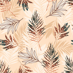 Herbal boho leaves hand drawn seamless pattern. Botanical background. Vector tile for textile design, wrapping paper, decoration, web, social media