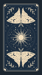 Celestial magical background for astrology, tarot. Blue postcard with a frame in a bohemian design, moth, stars, copy space. Magic vector illustration
