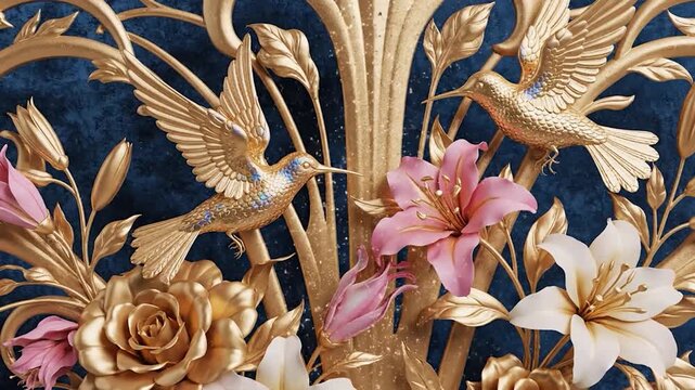 An elegant golden ornate relief featuring delicate flowers and hummingbirds