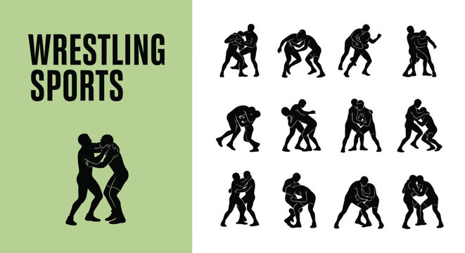 Collection of black silhouette icons depicting various grappling maneuvers and close contact techniques used in competitive wrestling sports illustrations