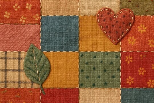 Colorful patchwork with heart, leaf background
