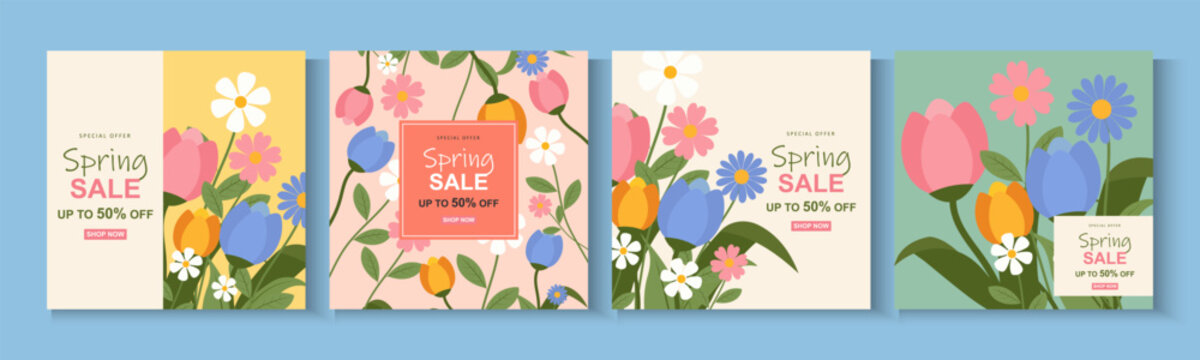 Spring or summer sale templates with beautiful blossom flower nature. set of cards with cute meadow flowers. Floral tropical for holiday  poster, invitation, social media post, Mother's Day, Easter.
