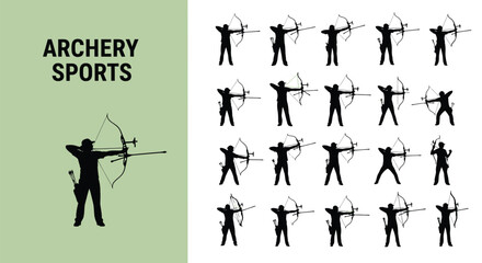 Collection of black silhouette icons depicting archers aiming and releasing arrows showcasing various dynamic shooting poses for sport or recreational activities