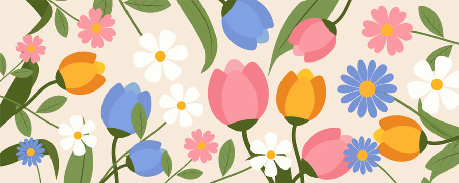 Spring or summer sale templates with beautiful blossom flower nature. set of cards with cute meadow flowers. Floral tropical for holiday  poster, invitation, social media post, Mother's Day, Easter.