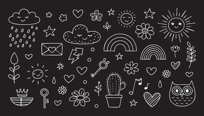 Whimsical doodle collection with weather nature and fantasy elements