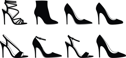 Women High Heel Shoes Silhouette Set with Fashion Footwear Styles for Glamour, Boutique, Style, and Clothing Design Projects