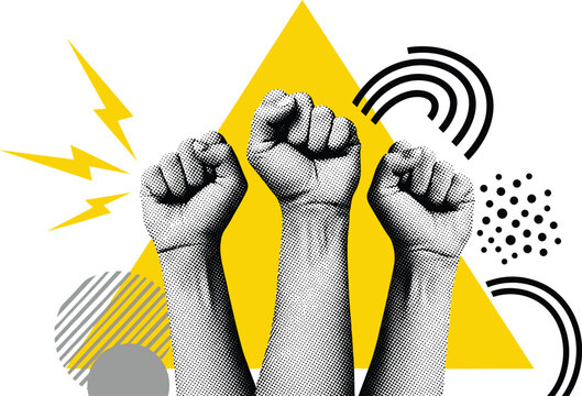 Fists raised against a backdrop of energy and unity symbolizing collective empowerment. isolated on transparent background, Vector