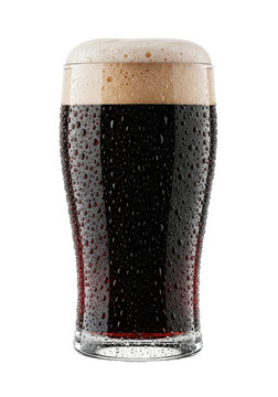 A cold nonic pint glass of dark stout beer with a thick creamy head, glistening with condensation on a transparent background. Concept for beverage advertising.