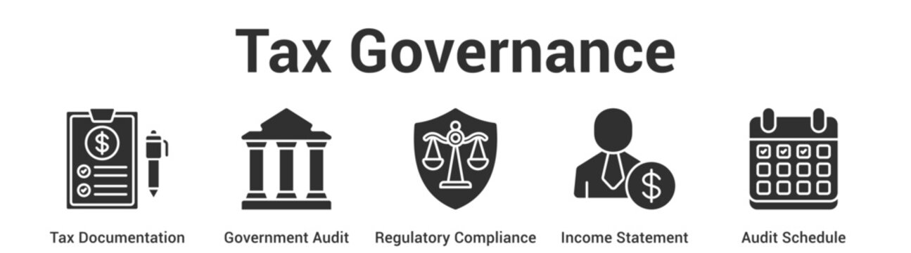 Tax Governance web banner icon set vector illustration concept for business with icon of Tax Documentation, Government Audit, Regulatory Compliance, Income Stateme.