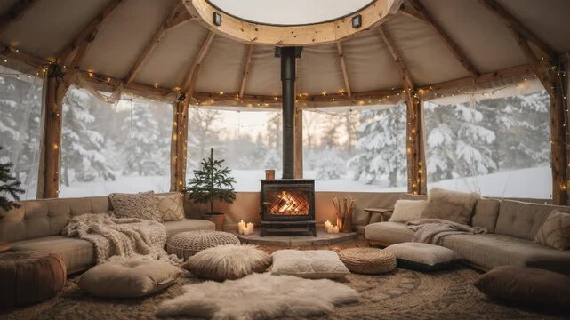 Intimate yurt space with circular skylight and rustic decor soft focus on snowy landscape beyond the canvas walls creating a serene winter vibe.