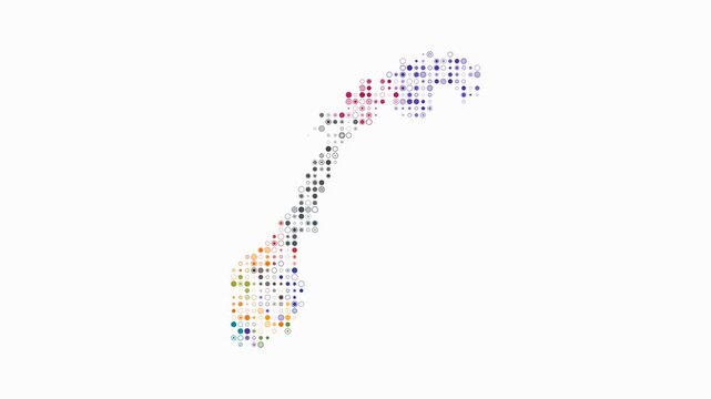 Norway animated country shape. Pulsating colored dots on the map of the country. Small size circle blocks. Digital style Norway map on white background. Awesome animation video.
