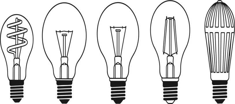 Light Bulb Outline Icon Set with Vintage Edison Lamps and Modern LED Shapes for Energy, Innovation, Ideas, and Technology Design Projects