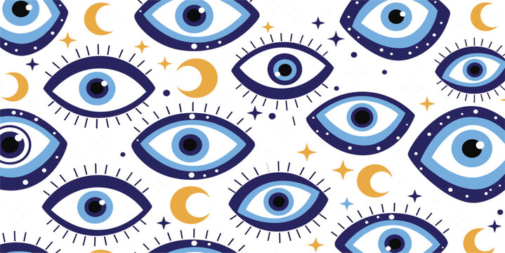 PrintSeamless Evil Eye Pattern with Celestial Moon and Star Elements in Boho Style for Protection Symbols, Spiritual Backgrounds, and Decorative Textile Designs