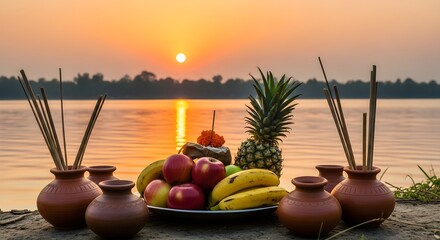 Obraz premium Fruit offering for Chhath Puja ceremony at sunrise