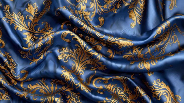 Luxurious blue fabric with ornate gold patterns