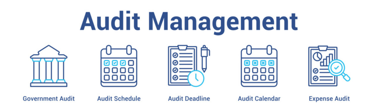 Audit Management web banner icon set vector illustration concept for business with icon of Government Audit, Audit Schedule, Audit Deadline, Audit Calend.