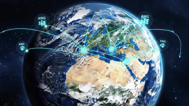A dynamic, dark blue 3d rendering visualizes the earth connecting global data networks with glowing digital lines and aws icons in deep space.