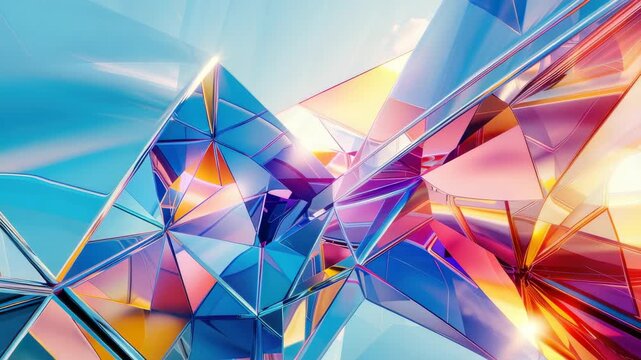 Vibrant abstract geometric shapes with crystalline appearance on blue gradient background