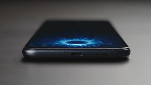 A low-key close-up highlights the bottom edge of a dark smartphone displaying a glowing blue biometric security scan on a sleek surface.