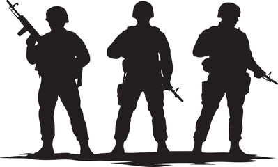 Three soldier silhouettes with military helmets and assault rifles in tactical gear standing