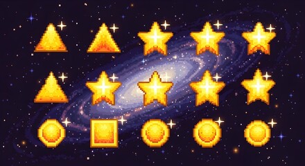Fototapeta premium Glowing golden pixel trophies set with triangles, five‑point stars, coins and square medals floating in deep space galaxy background, perfect for level rewards, achievements, badges and interstellar a