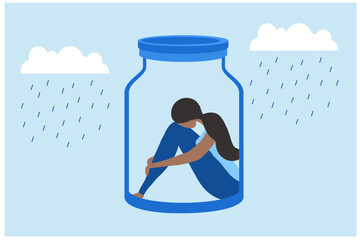 Sad and depressed woman hug her knee sitting on window.Unhappy and stressed, psychology, depression, stress, mental healtlh.and loneliness vector illustration.