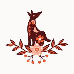 Folk Art wolf Illustration with Floral Accents. White background, isolate
