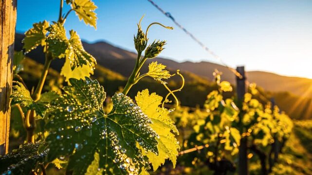 Vineyard leaves glistening with morning dew under golden sunlight at sunrise with mountain background