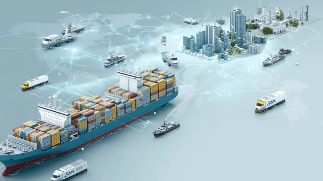 international shipping and logistics concept, global supply routes and cargo flow, modern and trustworthy visual style, commercial illustration, cinematic lighting, integrated sea and land transport
