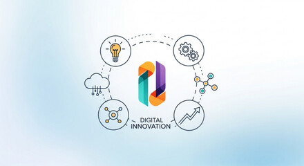 A colorful vector graphic illustrating digital innovation with a central logo and surrounding icons