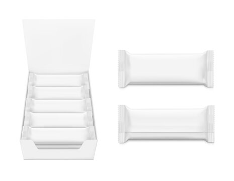 Show box blank mockup with set flow packaging for food. Vector illustration on white background. Ready for your design. EPS10.	