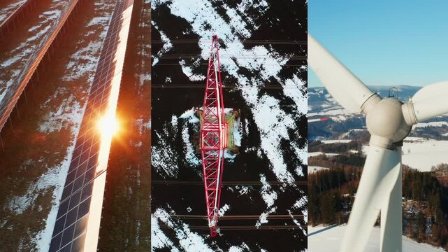 Winter collage illustrating renewable energy transition with solar panels station, wind turbine propeller and power lines. Concept of decarbonization and clean energy future.