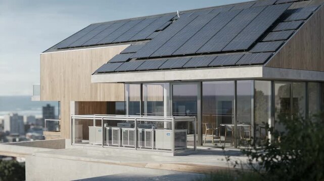 Exterior of a contemporary hillside home with solar panels, glass walls, and terrace overlooking a coastal city. Clean energy and sustainable architecture concept.