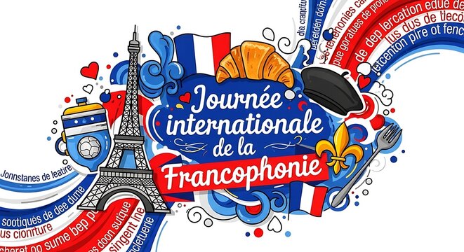 International Francophonie Day illustration featuring Eiffel Tower, croissant, beret, and French flag, celebrating French language and culture worldwide.