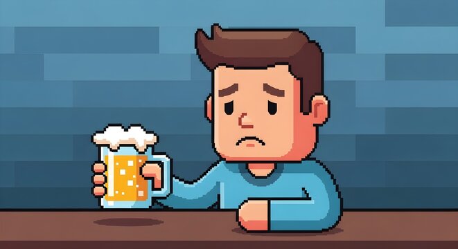 Sad pixel art man sitting at bar holding foamy beer mug, lonely character with worried expression on blue brick wall background, ideal for depression awareness posters, bar stories, breakup scenes and