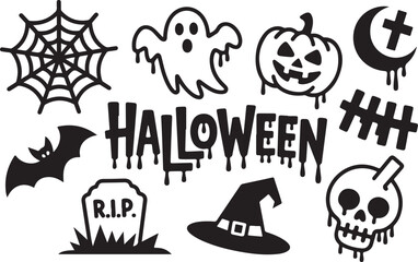 Halloween silhouette icons collection with spooky ghost pumpkin bat witch hat and cemetery elements