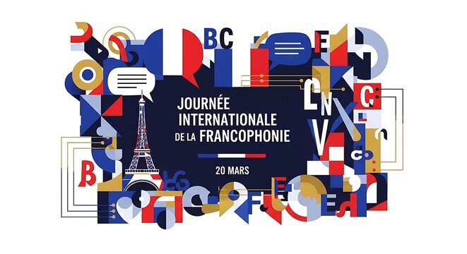 Abstract, colorful design for "Journ&eacute;e Internationale de la Francophonie" on March 20th, featuring the Eiffel Tower and French flag elements.