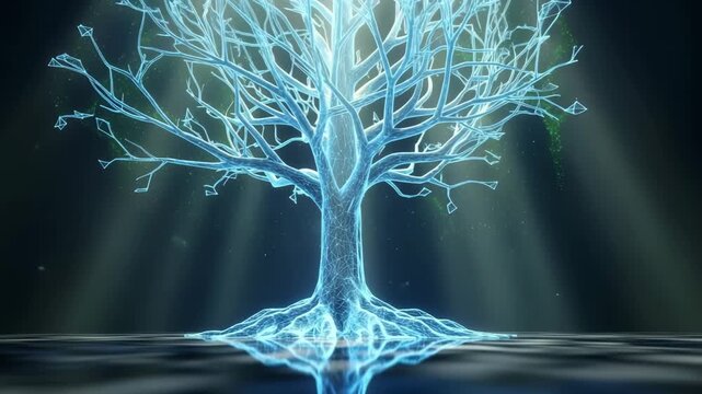 Stylized luminous tree of life with roots and branches radiating light against a dark, spotlighted background.