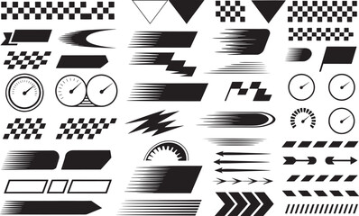 Racing elements speed lines checkered flags tachometers and arrows graphic design elements for sports