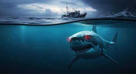Fototapeta premium Great white shark menacing fishing boat from underwater split view