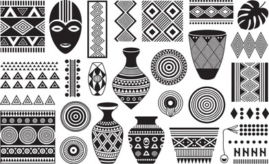 Set of african decorative elements. tribal mask and ethno patterns. collection of black symbols