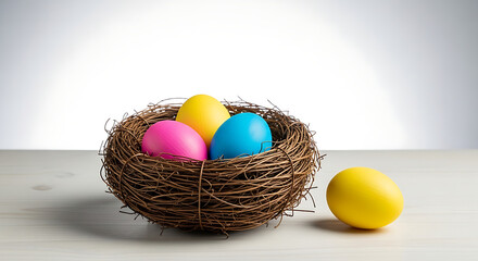 Obraz premium A bright and cheerful Easter composition with vibrant eggs and a handcrafted nest, showcasing a clean and simple holiday aesthetic.