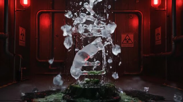 Transparent Spiral Sculpture Suspended in Red Lit Industrial Space