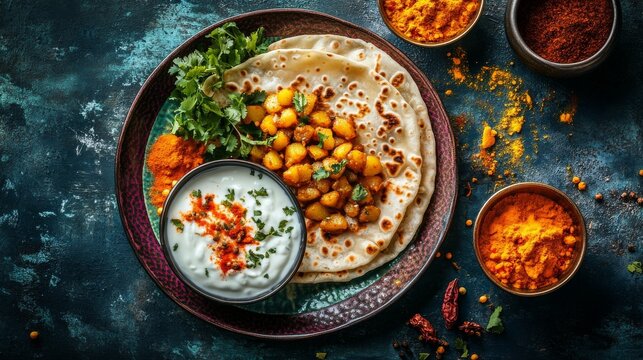 Indian breakfast spread with soft, flaky parathas filled with spiced potatoes, a small bowl of tangy chaat, creamy yogurt, and a variety of vibrant spices.