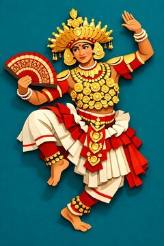 Traditional Sri Lankan Kandyan dancer 2D layered paper-cut illustration.