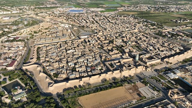 An aerial view of Khiva, Uzbekistan. Historical structures located within Khiva Fortress.